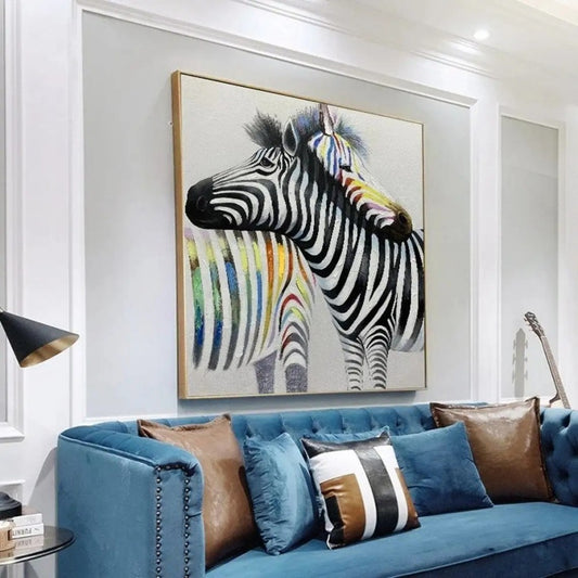 Handmade Oil Painting Canvas Wall Art Decoration Modern Animal Abstract Colorful Couple Zebras For Fashion Home Interior Decor Rolled Frameless Unstretched Painting
